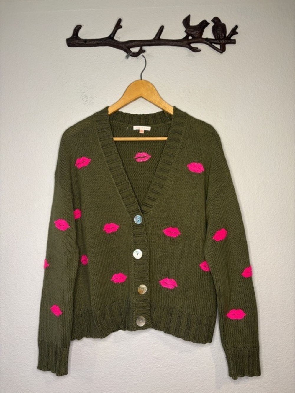 Lisa Todd Sugar Lips cotton blend cardigan sweater olive green and hot pink M
